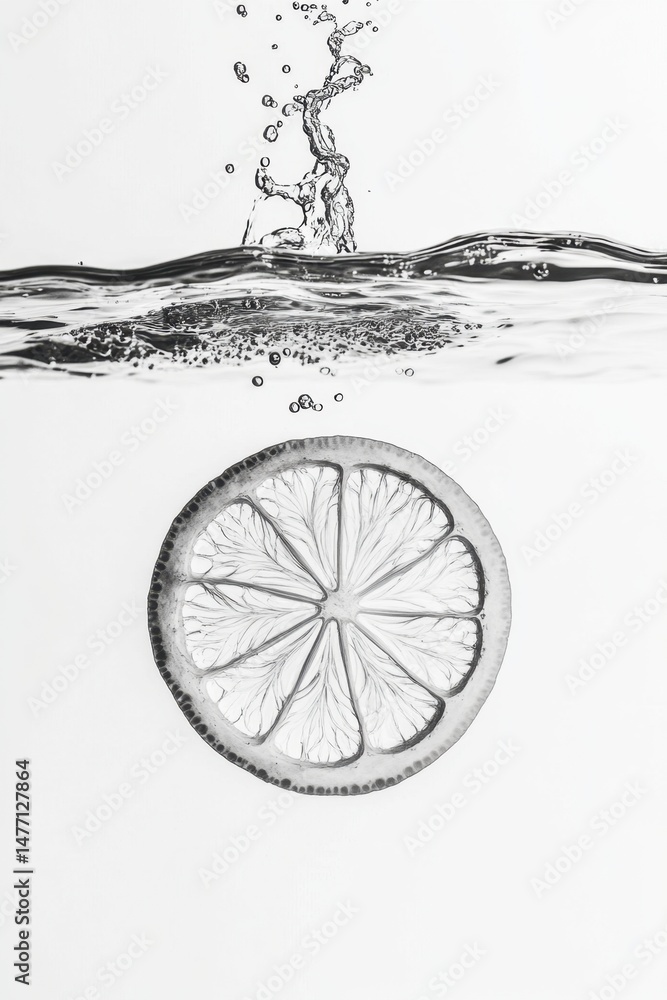 Aufkleber lemon slice submerged in water with splash in monochrome studio shot overhead view