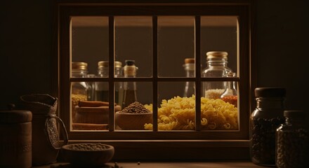 Pantry Window View with Pasta, Lentils and Glass Jars
