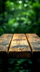 Fototapeta premium Wooden table, forest background, picnic scene