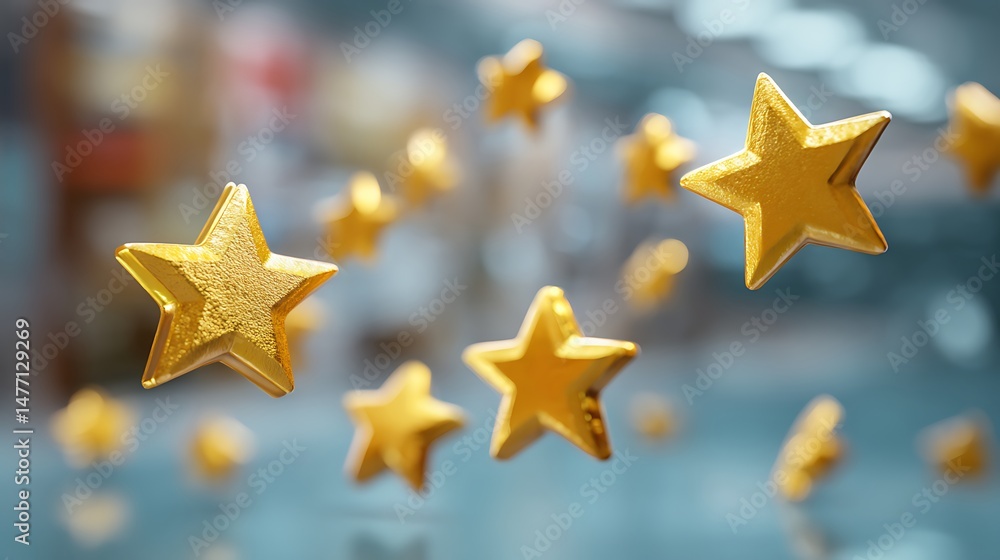 Poster Customer feedback concept, based on stars from one to three, conceptual 3d render symbol of excellent and positive client satisfaction, blur effect