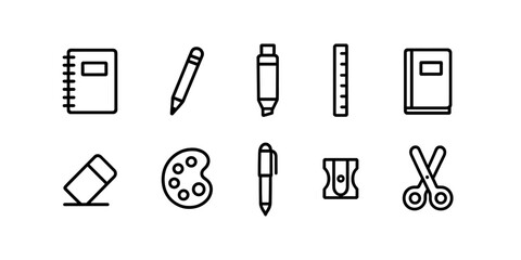 School supply icons: notebook, pen, eraser, scissors and clip