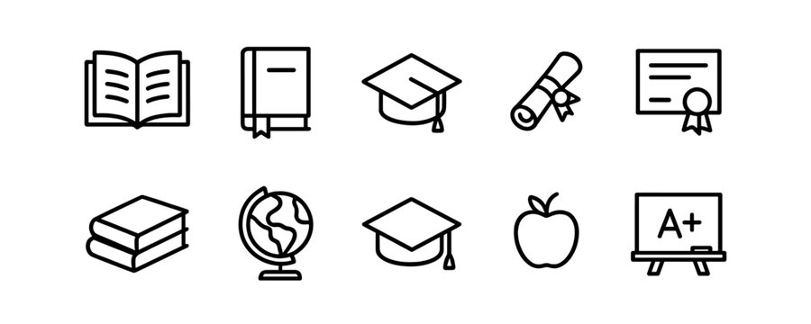 Academic icons with diploma, books, globe and certificate