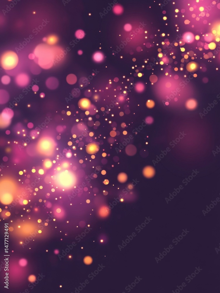 Poster abstract bokeh light effect on dark purple background with blurred circles and sparkling dust partic