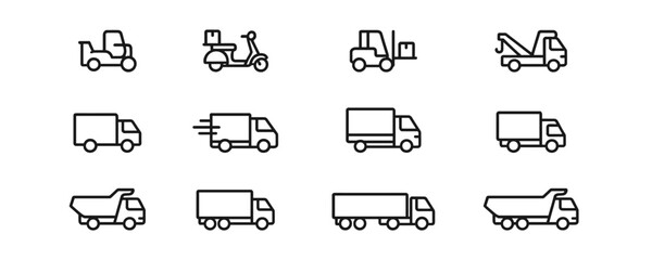 Cargo transport icons: trucks, scooters, and forklifts