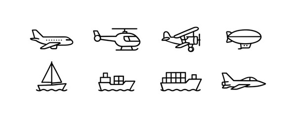 Outlined icons of ships, aircrafts, and helicopters
