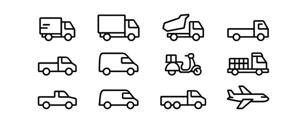 Outlined delivery vehicle icons including vans and aircraft