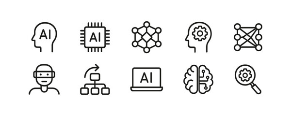 Fototapeta premium AI outline icons with neural networks and robot head