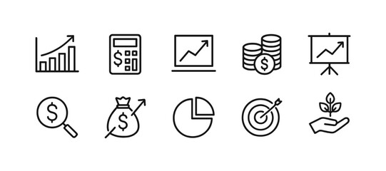 Fototapeta premium Finance icons with charts, coins, calculator and growth