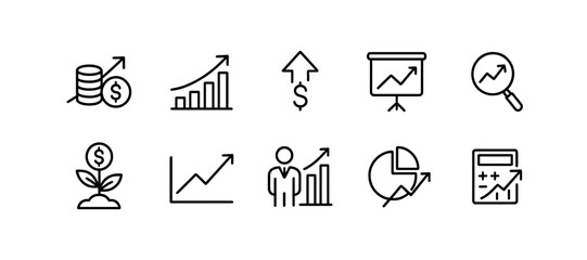 Fototapeta premium Outlined finance icons: money, chart, growth and statistics