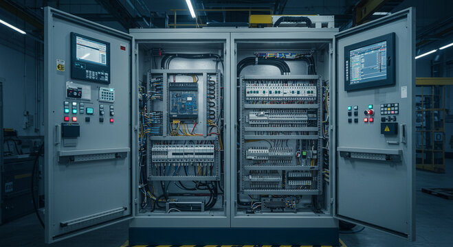 Sophisticated industrial control panel revealing complex automation technology