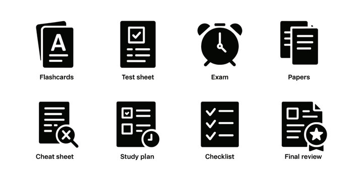 Glyph icons for exam, papers, study plan and checklist