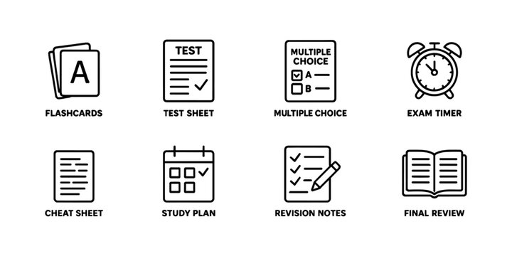 Test preparation icons: flashcards, checklist and timer