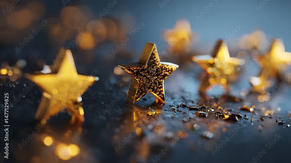 Poster Customer feedback concept, based on stars from one to three, conceptual 3d render symbol of excellent and positive client satisfaction, blur effect