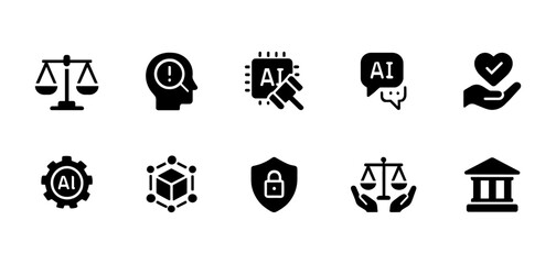 Fototapeta premium AI law icons: regulation, scale, shield and court