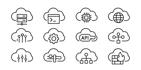 Fototapeta premium Cloud technology icons: API, database, gear
