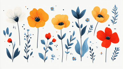 Stylized floral illustration of blooming flowers with colorful petals and leaves
