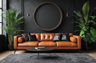 Sophisticated modern interior design with a leather couch and dark accents.