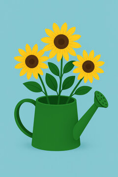 Illustratie van zonnebloemen in gieter