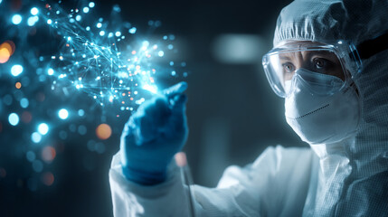 Innovative Scientist in Protective Gear Conducting Futuristic Laboratory Experiment with Glowing Particles – Cutting-Edge Research in Healthcare and Technology