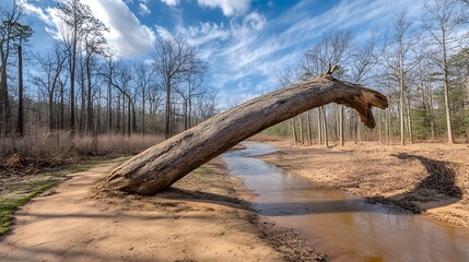 Fototapeta premium Majestic Fallen Log Bridge Over Stream in Winter Woods