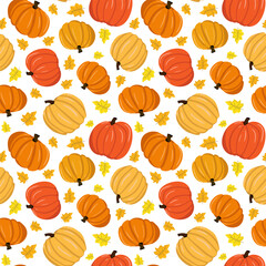 seamless pattern with autumn leaves pumpkins white background repeating gourd and leaf illustration fall web paint design