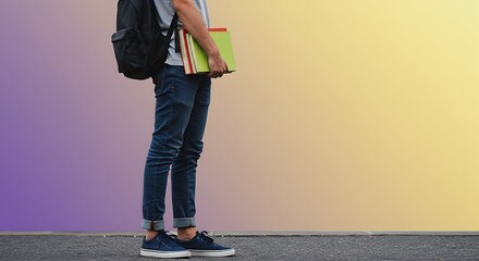 Student with backpack holding books on colorful gradient background. Concept of education, learning, and back to school. College student returning to class