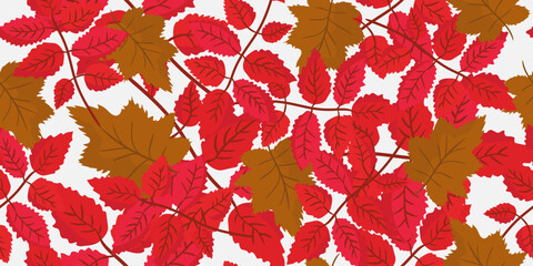 modern sumac autumn leaves seamless pattern for web design, cards and decor, contemporary fall foliage illustration, repeating red and brown leaf graphic
