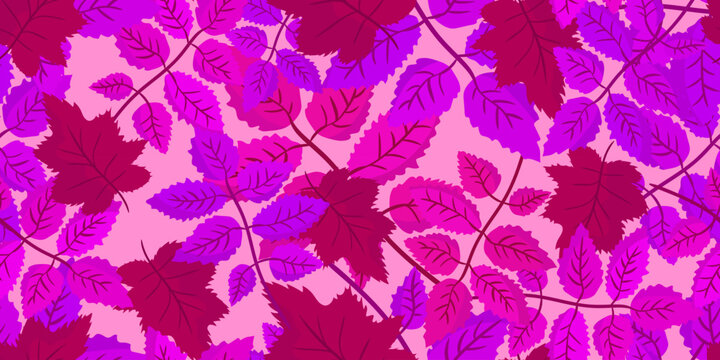 Fototapeta glamur seamless pattern with pink and purple leaves light pink background, vibrant spring foliage design, repeating colorful leaf illustration paper textile