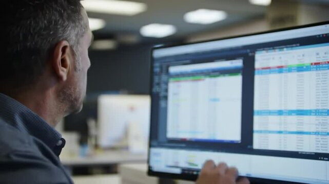 Man looking at computer screen displaying spreadsheet data in an office setting