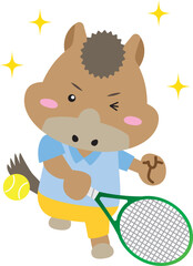 テニスを楽しむかわいいウマのキャラクター｜2026年・午年の干支イラスト
