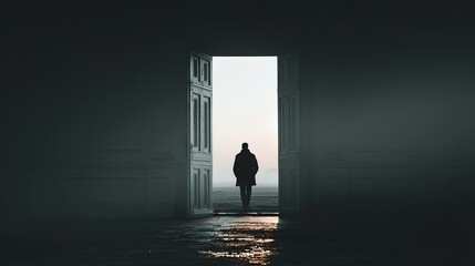 Obraz premium Man standing in open doorway, contemplating lifes possibilities