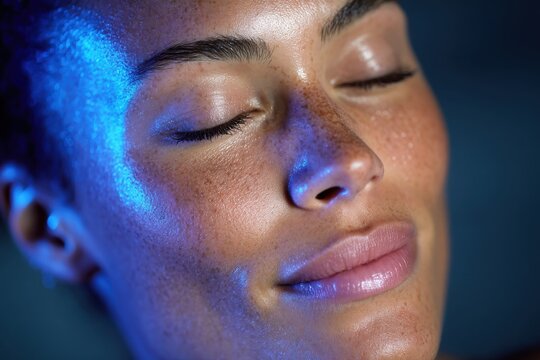 A serene woman with glowing skin and closed eyes exudes tranquility under soft blue lighting, symbolizing relaxation and self-care in a calming ambiance.