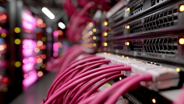 Pink-cabled server rack in a data center.  Close-up of interconnected network equipment with glowing lights and numerous cables