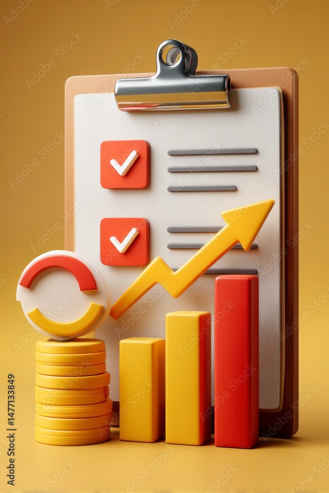 Poster colorful growth chart with checklist and chart elements on clipboard