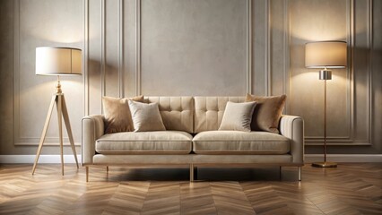 Modern Beige Velvet Sofa in Living Room with Floor Lamp, cozy atmosphere, modern interior design