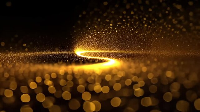 Golden Particle Stream Flowing Across a Dark Background with Bokeh and Light Effects