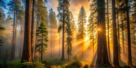 Warm Light on Redwood Trees at UC Santa Cruz, foggy dawn, sunrise,  foggy dawn,sunrise, trees