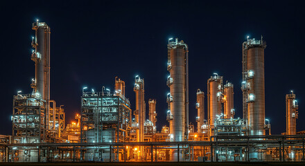 Fototapeta premium Illuminated industrial landscape at night showcasing complex refinery structure