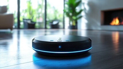 Modern smart home speaker on a hardwood floor