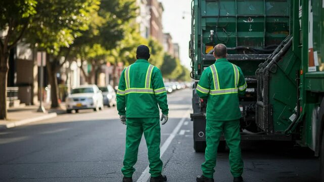 Two Male Sanitation Workers in Green Uniforms Overseeing Waste Collection in Urban Street Setting During Daylight