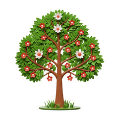 Fototapeta premium Cartoonish blooming tree illustration with vibrant flowers and green leaves