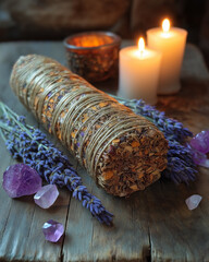 A bundle of dried herbs, crystals, and candlelight on a rustic wooden table, witchy aesthetic