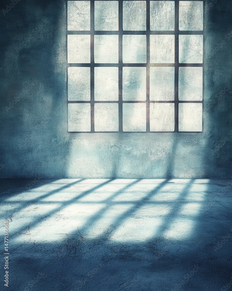 Poster light streaming through window illuminating empty room with textured walls and floor in a moody and 