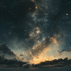 Naklejka premium A breathtaking panorama of a night sky, showcasing a vibrant Milky Way galaxy against a backdrop of dramatic clouds and a fiery sunset