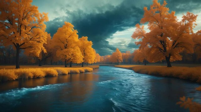Autumn vistas of a river, blustery weather, dark blue waters, and yellow-red leaves hanging on trees