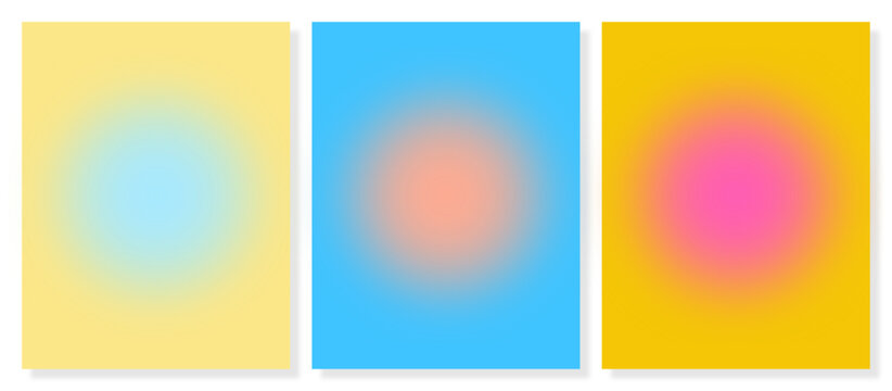 Gradient set displays three designs with central blurred circles in light blue peach and pink hues against yellow and blue backgrounds ideal for warm season projects
