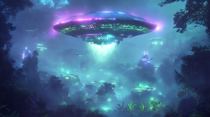 Futuristic alien spacecraft hovering above a vibrant, illuminated jungle city at night