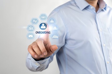 Onboarding business process concept. Businessman working structural business onboarding on virtual interface screen.