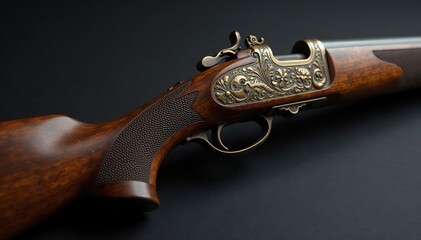 Close-up of antique rifle stock, intricate carvings visible Rich wood grain texture , aged wood, classic rifle