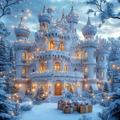 Obraz premium A magnificent, snowy castle, adorned with festive lights, at night.